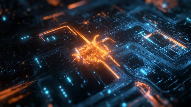 Abstract digital circuit board network with glowing orange and blue lines