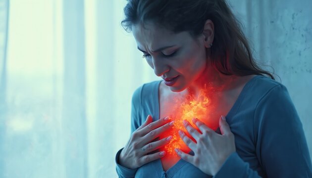 Woman feels heartburn and chest pain. Fiery sensation in chest indicates acid reflux or GERD. Discomfort and internal burning sensation. Unhealthy gut feeling. Medical concept.