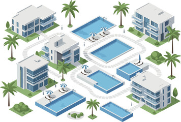 Obraz premium Isometric View of a Resort with Pools, Villas, and Palm Trees