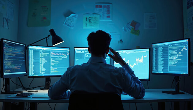 Man works late at night with multiple computer monitors displaying charts and code. He is focused on data analysis in a dimly lit room, showing intense concentration and dedication to his task.