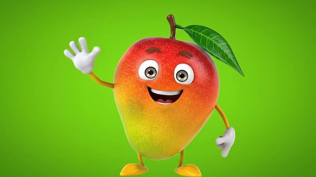 3D Mango Character Waving Hello Happy Fruit Mascot Animation