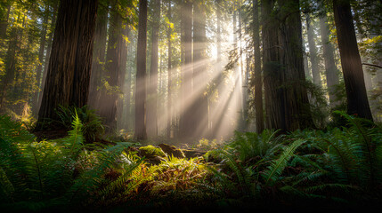 Fototapeta premium Sunlight streaming through misty forest with tall trees