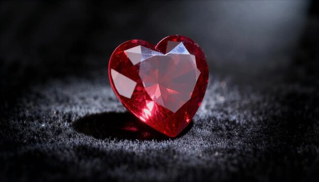Rotating heart shaped ruby gemstone under spotlight for valentines day