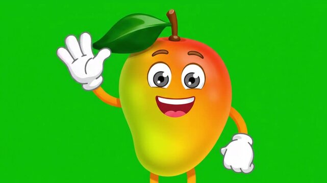 Smiling Cartoon Mango Character Waving Mascot Green Screen