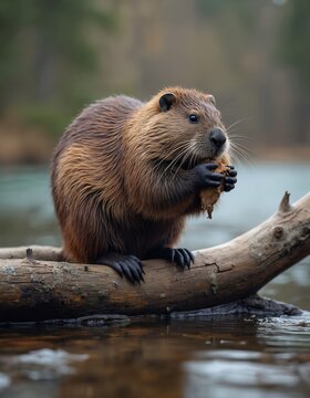 Brown beaver sits on tree branch near water eating food. Wild animal in natural forest environment. Rodent with large teeth gnaws on wood outdoors. Creature in its habitat.