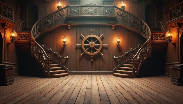 Grand wooden staircase inside old ship with helm wheel. Nautical interior design with warm light from lamps. Vintage voyage backdrop for adventure stories or theater stage.