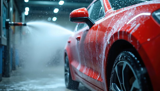 Red car gets washed with foam and high pressure water spray at automated car wash station. Wet vehicle with soap bubbles during cleaning service. Automobile gleams after wash.