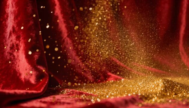 Gold glitter falling on red velvet background for valentines day celebration
