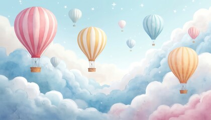 Fototapeta premium Pastel hot air balloons float gently through soft clouds in a dreamy sky. These colourful spheres suggest travel adventure and childhood wonder. Perfect for kids themes.