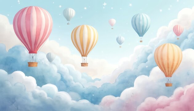 Pastel hot air balloons float gently through soft clouds in a dreamy sky. These colourful spheres suggest travel adventure and childhood wonder. Perfect for kids themes.