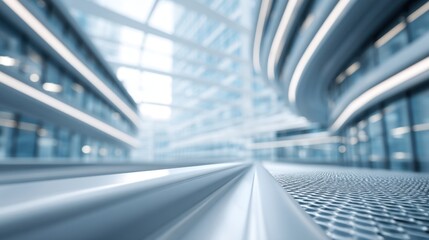 Obraz premium Modern architectural interior with sleek lines and soft lighting, showcasing depth in design and contemporary aesthetics in a vibrant urban setting