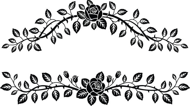 Black rose and leaf decorative border floral vine leaves , rose, floral, vine, leaves, branches, thorns, decorative, 