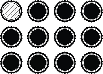 Collection of twelve black bottle cap with serrated edges and one with diagonal stripes
