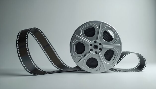 Vintage film reel with black celluloid tape on clean grey background. Classic motion picture equipment shows analog movie format. Retro cinema artifact.