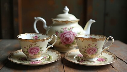 Fototapeta premium Antique porcelain teapot and two teacups with floral pattern sit on wooden table. Delicate rose design adorns cream colored china. Elegant tea set arranged for brewing.