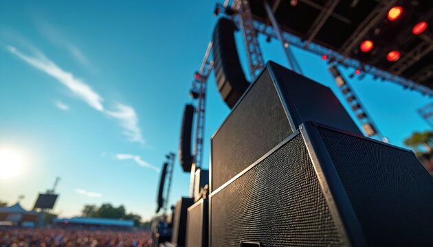 Large black speakers stand on concert stage ready for music festival. Sound system equipment arranged for outdoor event. Crowd waits for performance under bright blue sky.