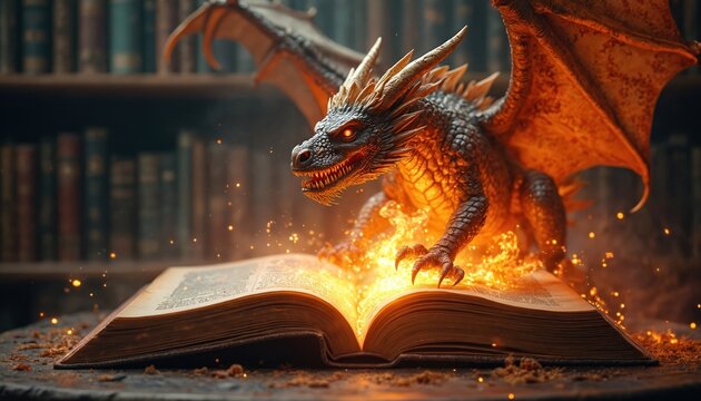 Fire breathing dragon emerges from antique open book. Magical creature lands on ancient tome in library, sparks fly around. Fantasy creature awakens from lore.
