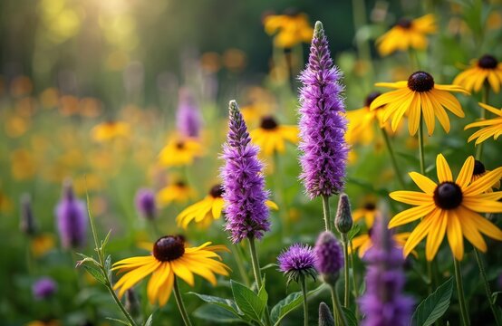 Purple blazing star flowers and yellow coneflowers bloom in a sunny meadow. Native prairie plants grow together in a field with soft green foliage and bright natural colors.