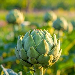Obraz premium A close-up of a green artichoke with several more blurred in the background
