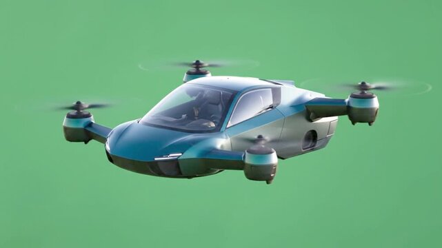 Flying Car eVTOL Air Taxi Against Green Screen Chroma Key Background