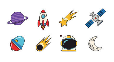 Colorful space icons set of planet rocket satellite and astronaut © Dika