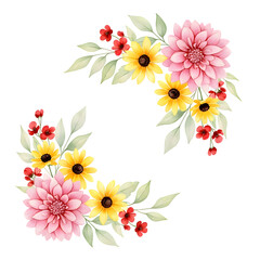 Vibrant Floral Wreath with Pink Dahlias Yellow Sunflowers and Red Blossoms on Transparent Background