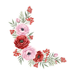 Watercolor floral corner arrangement with pink and red anemone flowers and berries graphic
