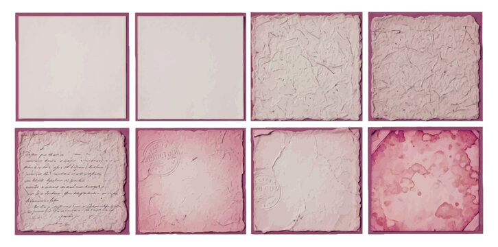 Set of pink vintage paper textures with crumpled edges and antique manuscripts vector illustration.
