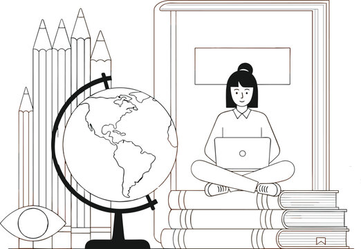 Online education line art illustration showing student studying with laptop, books, globe, and pencils representing e learning concept