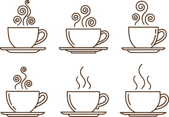 Hot coffee cup line icon set with steam symbols representing cafe beverages, warmth, and relaxation in minimal outline style