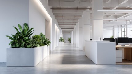 Modern office interior design with large windows and greenery, showcasing minimalistic furniture and bright, open space for productivity and collaboration