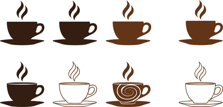 Coffee cup icon set with steaming mugs representing hot beverages, cafe menu symbols, and drink illustration collection