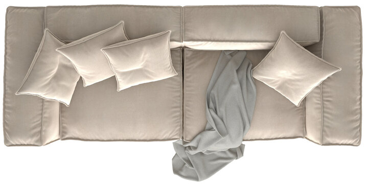 Top view of a comfortable beige modular sofa featuring plush rectangular cushions and a soft gray throw blanket isolated on a transparent background.