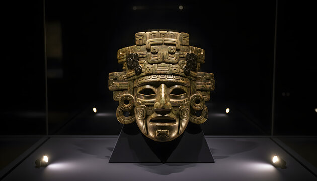 マヤ文明の神秘的な歴史遺物として精巧な彫刻が施された仮面が博物館の展示ケース内でライトアップされ荘厳に展示されている