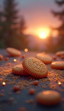 Foto close-up kue di atas meja dengan latar belakang matahari terbenam