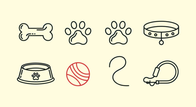 Dog icons bone paw prints collar bowl ball leash in vector illustration