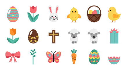 Fototapeta premium Easter icons set colorful eggs animals flowers and decorative elements