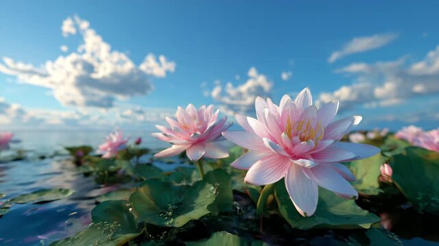 Pink water lilies floating on water surface with blue sky and clouds