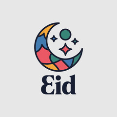 Obraz premium Colorful crescent moon with stars and the word Eid in bold letters blue
