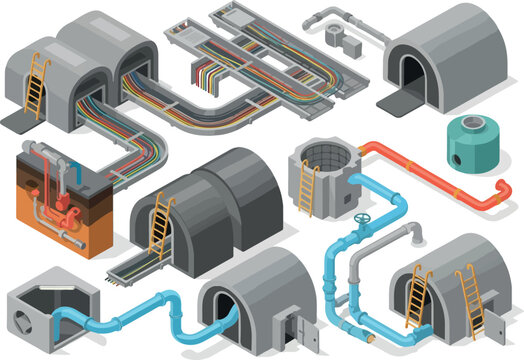 Isometric Underground Utilities Cables, Pipes, and Infrastructure Network