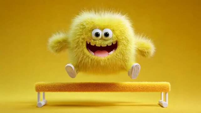 Yellow fluffy cartoon monster mascot jumping on a soft bench. Cute furry character playing with happy facial expression for kids.