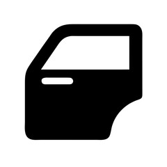 A minimalist black silhouette icon of a car door, featuring a window and handle detail with a rounded geometric shape on a solid white background.
