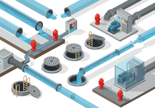 Isometric Water Treatment Plant Illustration Pipes, Pumps, and Hydrants