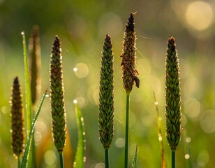 A close-up of green wheat heads with a blurred background