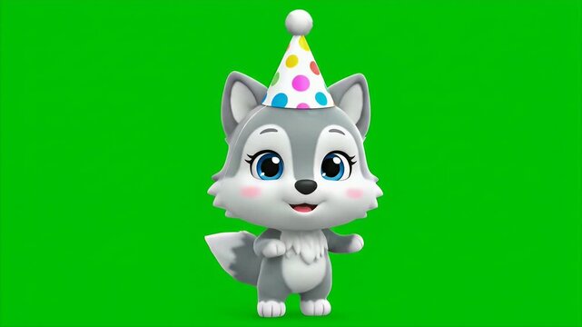 Adorable 3D Cartoon Wolf Character Animation with Birthday Hat on Green Screen Celebratory Occasion, Studio Lighting