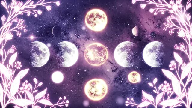 Dreamlike purple space scene featuring a row of moon phases framed by luminous pink floral borders