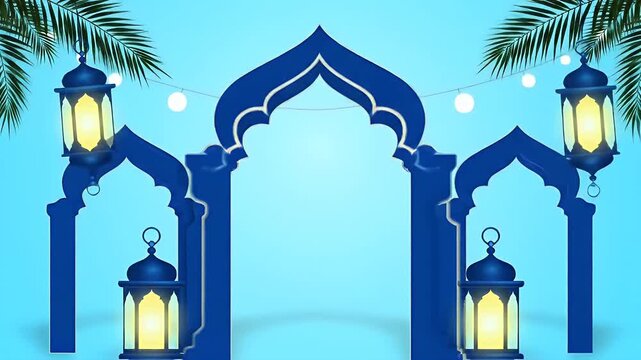 Dreamy Blue Islamic Archway Framework with Lanterns for Ramadan Background