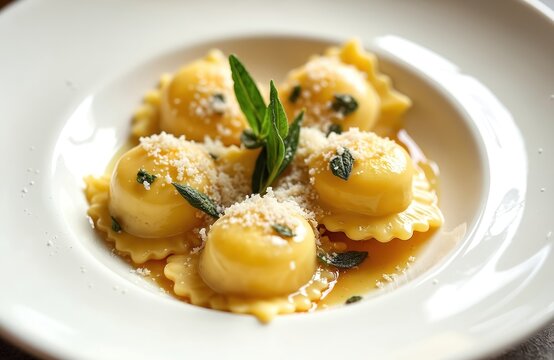 Plates of ravioli del plin pasta filled with cheese served with butter sage sauce, grated parmesan. Traditional Italian food plated elegantly with fresh herbs. Delicious meal for lunch dinner.