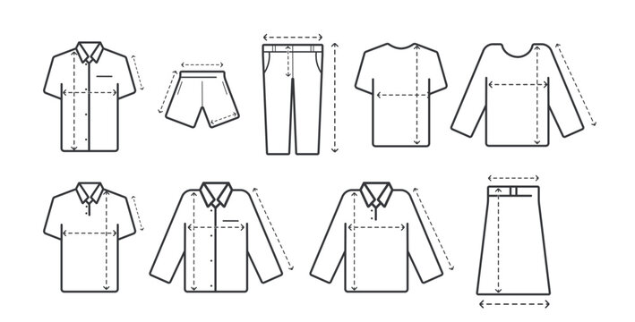 Bundle set illustration showing fashion size chart with fit body measurement guide, apparel reference, clothing proportions, garment fitting, and design accuracy.