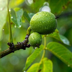 A close-up of two green walnuts on a branch with leaves